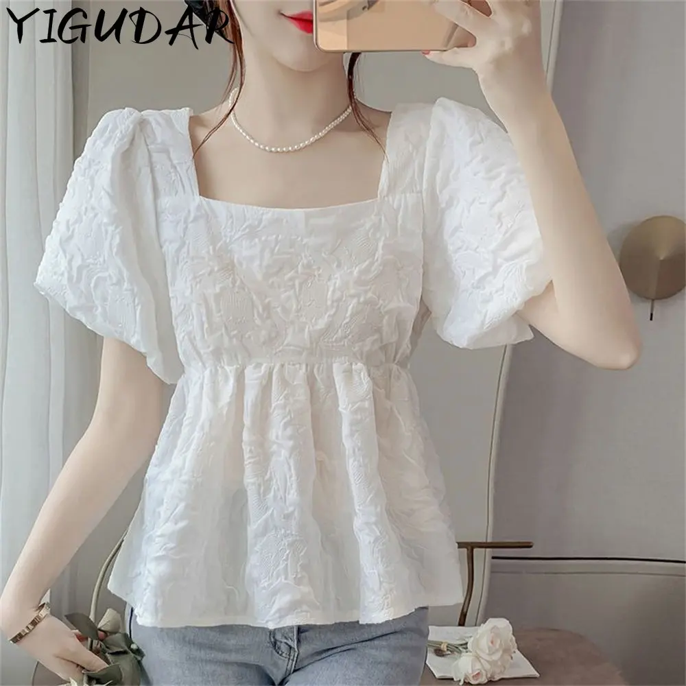 

Summer Elegant Chiffon Blouse Women Korean Fashion V-neck Puff Short Sleeve Tops Ruffle Shirt Lady Sweet Mujer Female body