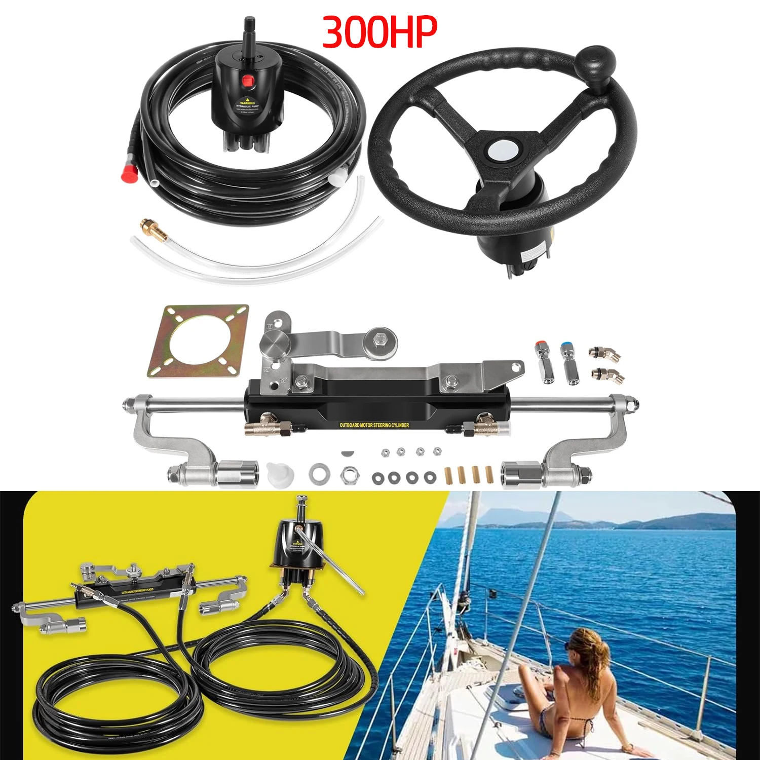 300HP Marine Hydraulic Steering Kit with Steering Wheel - for Single Station, Single-Engine use Built-in Two-Way Lock Cylinder