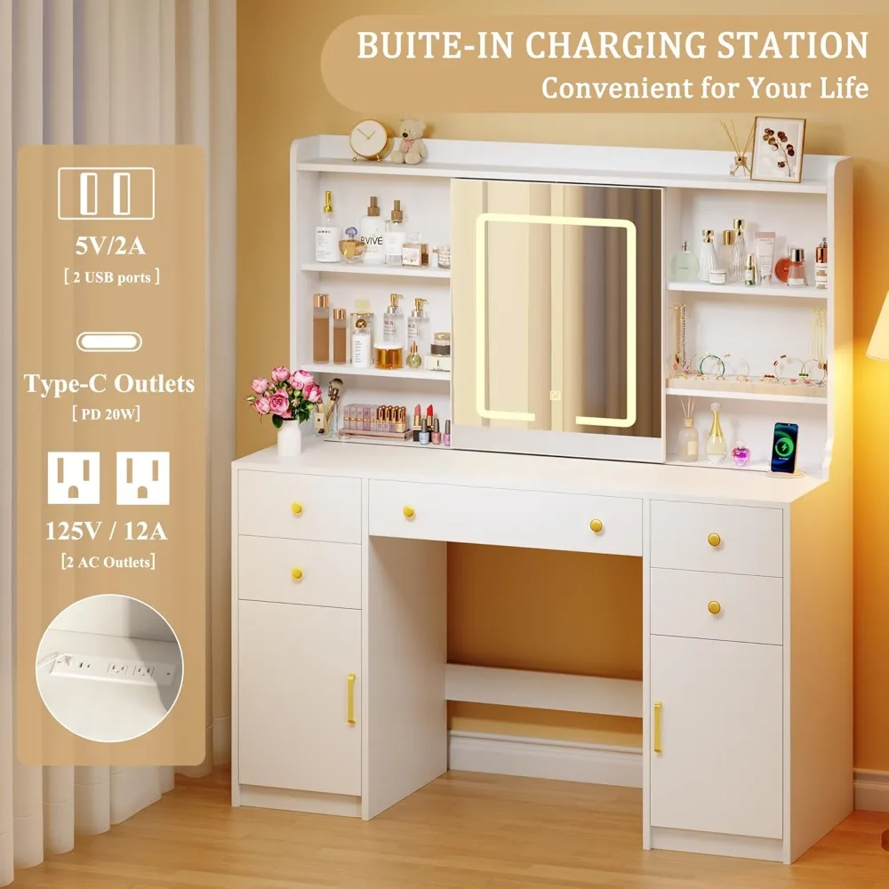 

Vanity Desk with LED Lights & Sliding Mirror, Makeup Vanity with Lights, Power Outlet, White Vanity Desk with 5 Drawers & 2 Cabi