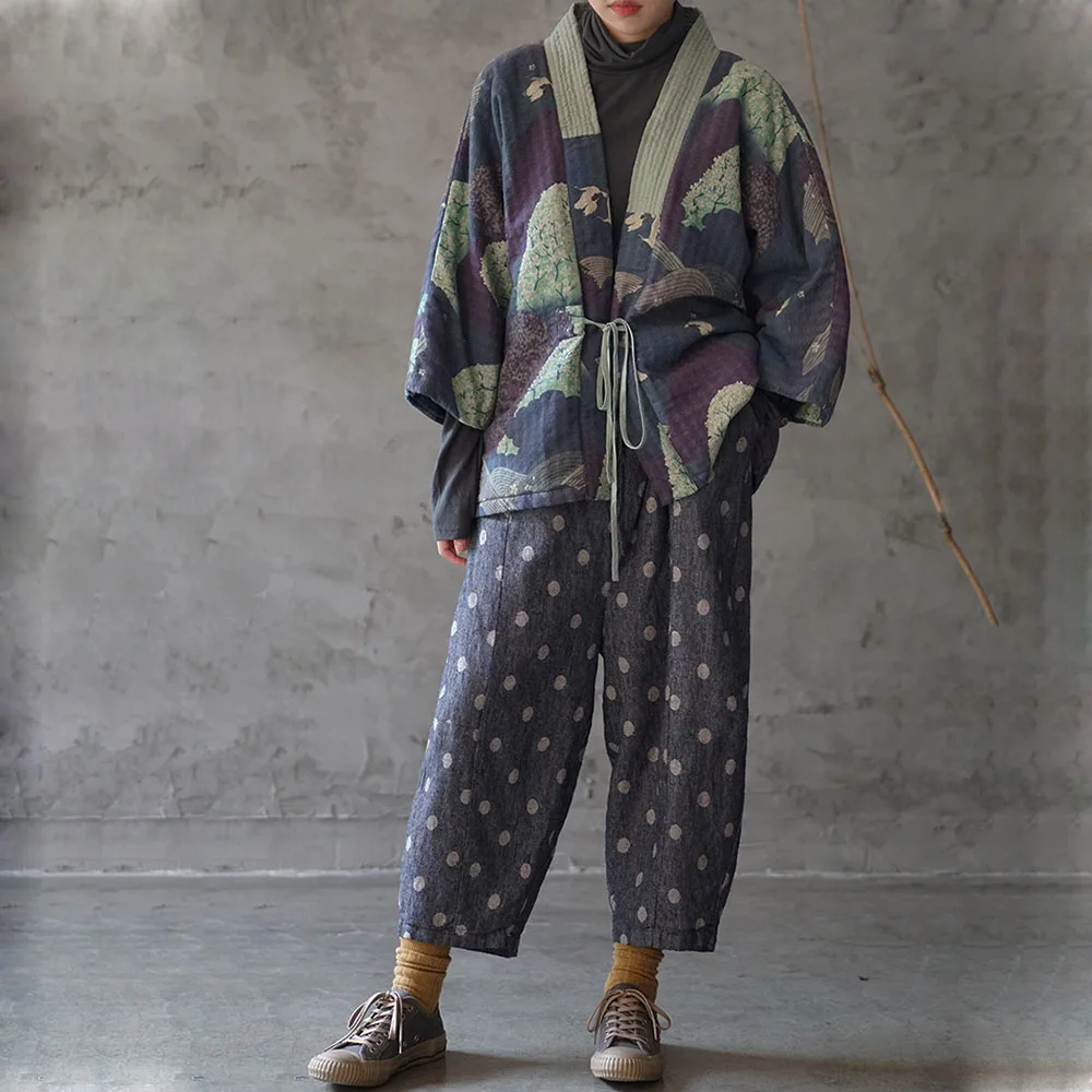 Autumn/Winter Womens Quilted Short Jacket Printed Front Open V-Neck Shawl Collar Vintage Lace-Up Loose Version Kimono Hanfu Coat