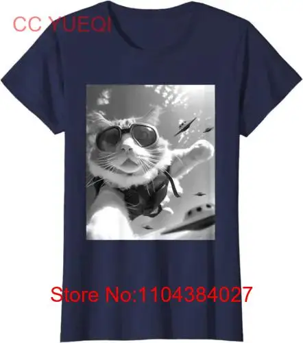 Funny Skydiving Cat Selfie With Alien UFOs Ladies' Crewneck T Shirt long or short sleeves