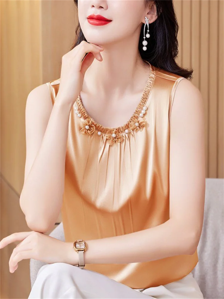 Satin Sleeveless Top Ladies Camisole Summer Tees Beaded Flower Vest Folds Blous Loose Solid Color Tank Tops Female Camis