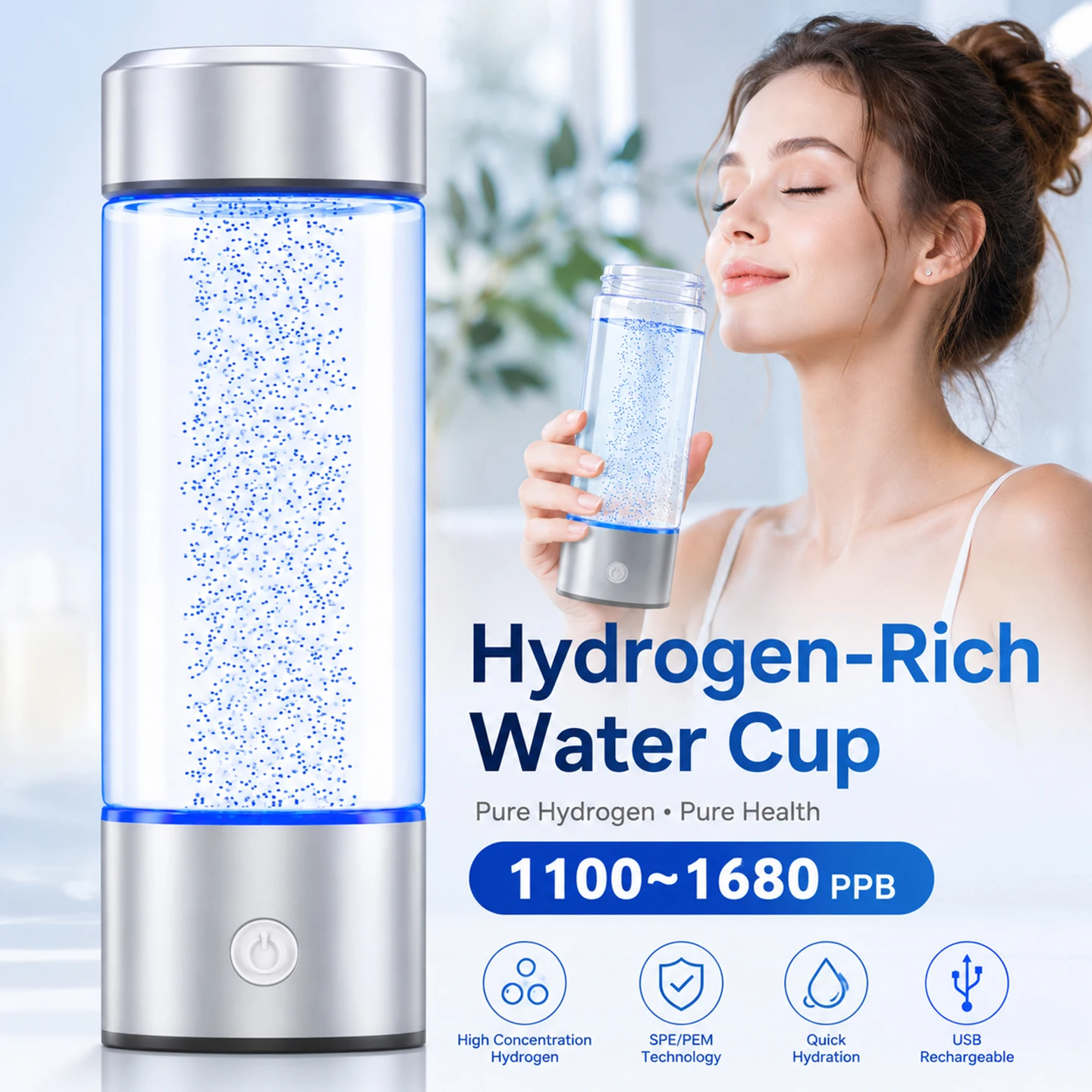Hydrogen Water Bottle Hydrogen Water Generator Health Glass Cupbody 440ml Portable Sports or Home USB Powered Wellness1400ppb