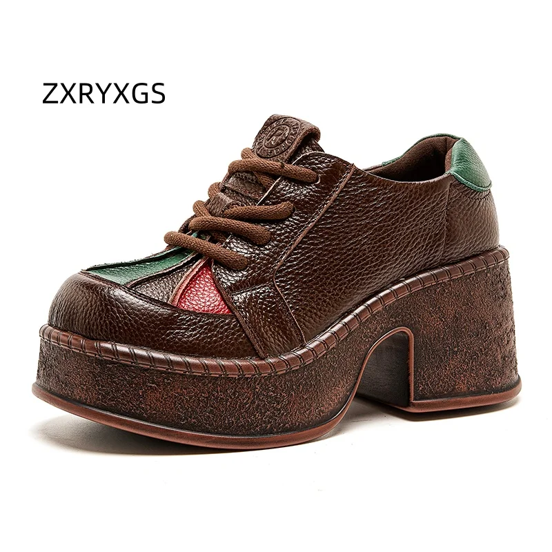 ZXRYXGS Top Layer Cowhide Splicing Spell Color Thick Sole Increase Women High Heeled Shoes 2025 New Autumn Lace-up Fashion Shoes