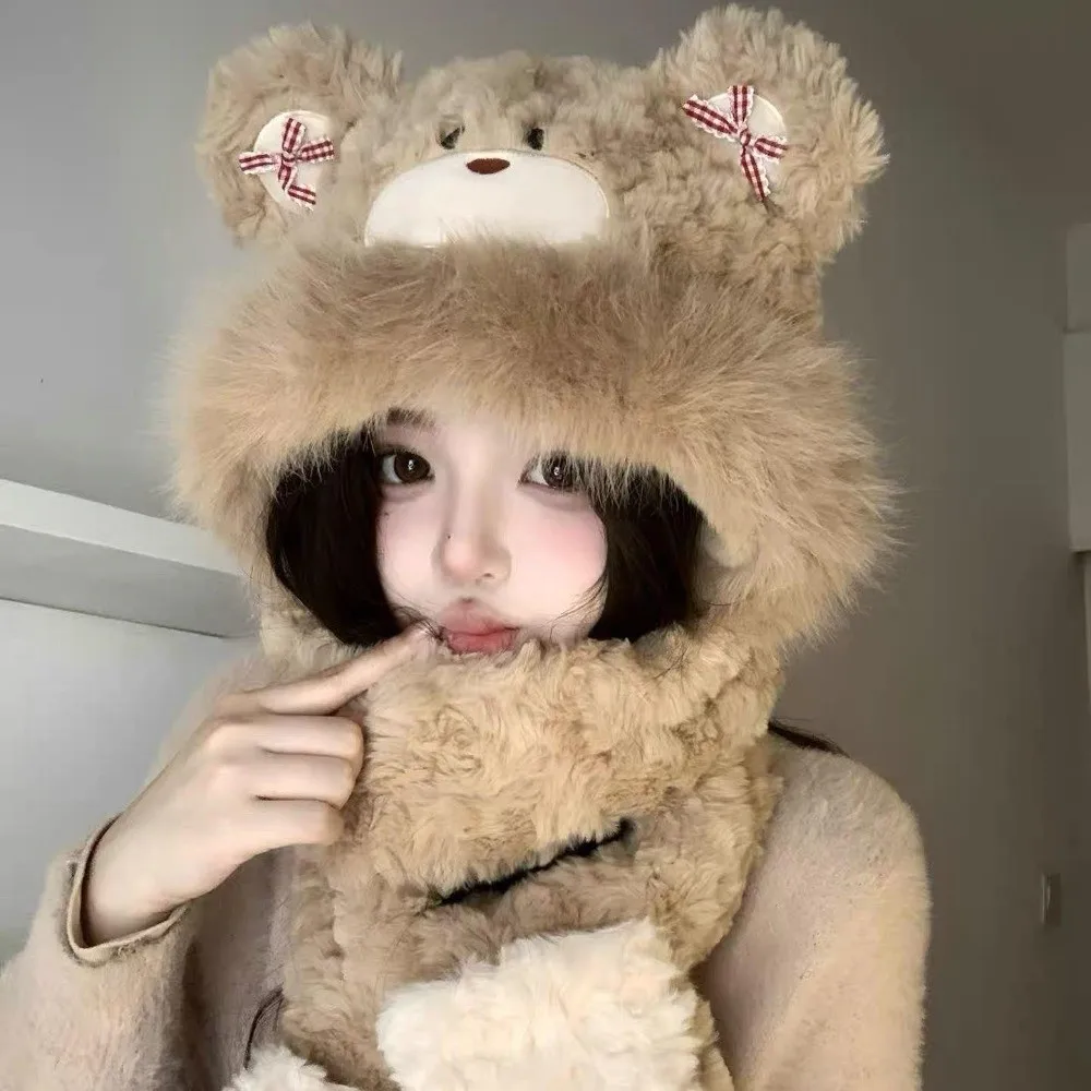NEW 3-in-1 Little Bear Hooded Scarf Keep Warm Ear Protection Gloves Scarf Hat Soft Fluffy Winter Scarf for Women