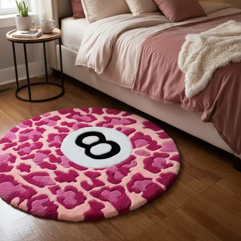 Living Room Rug Soft Comfortable Faux Cashmere Floor Mat Round Leopard Print and 8-ball Pattern Carpet Home Decoration Carpets