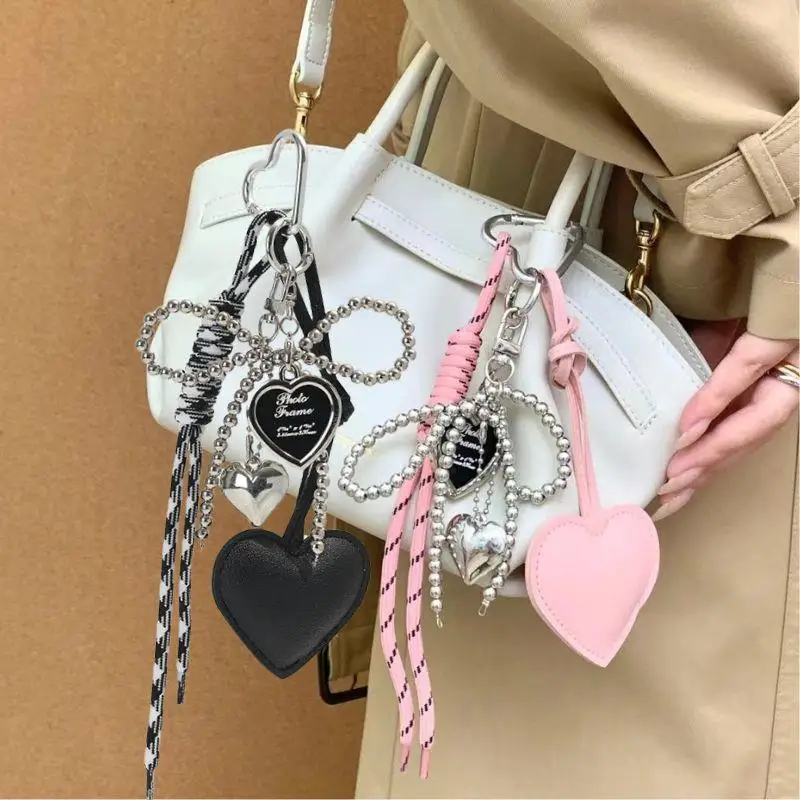 INS Handgemaakte Miu Geweven Touw Sleutelhanger Y2k Liefde Hart Sleutelhanger Glanzend Leer Parel Boog Sleutelhanger Kraal Tas Hanger Tas Sieraden