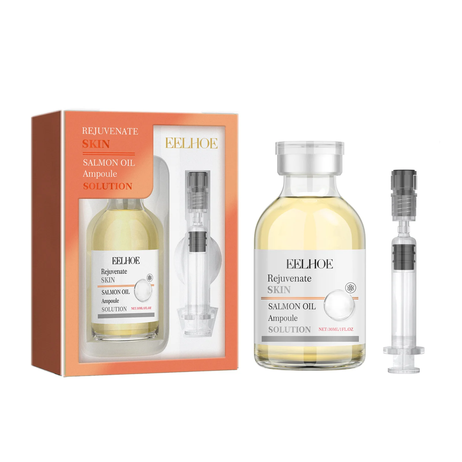 EELHOE Salmon Oil Facial Serum Liquid Moisturizer Nourishing Repair Smooth Shrink Pore Hyaluronic Acid Face Care Serum 30ml+1ml
