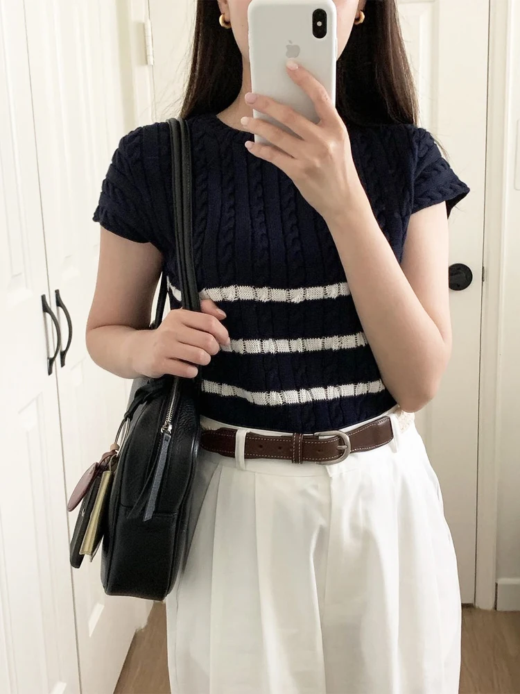 

Ele ort Sve Striped Knitwear Women's Faion Slim Fit Design Sense T-irt Top Thin Spring Summer New Arrival