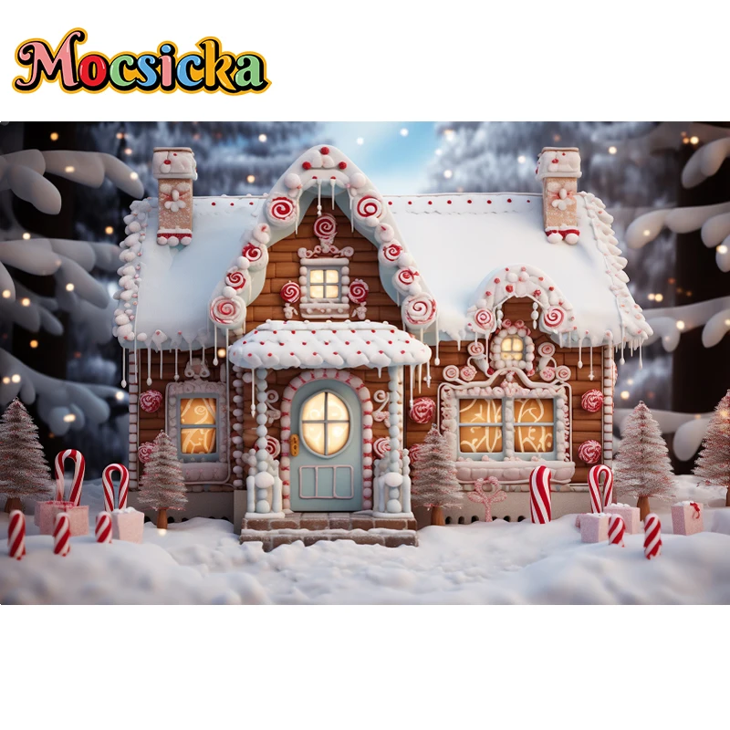 Mocsicka التصوير خلفية عيد الميلاد منزل مصاصة عيد الميلاد هدية صندوق الثلج الديكور الاطفال صورة حفلة عيد ميلاد استوديو الصور