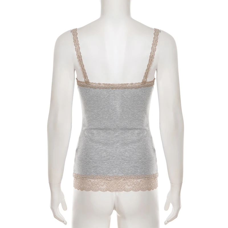SUCHCUTE Women's Lace Trim Patchwork V Neck Camisole Y2k Casual Slim Sleeveless Tank Top All Match Basic Camis Summer Clothes