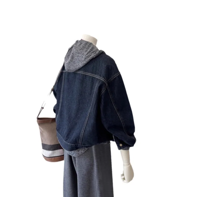 Damski płaszcz jeansowy Vintage Kurtki Kieszenie Jednorzędowy Stójka Postarzany Sprany Streetwear Jesienna Odzież Wierzchnia 2025