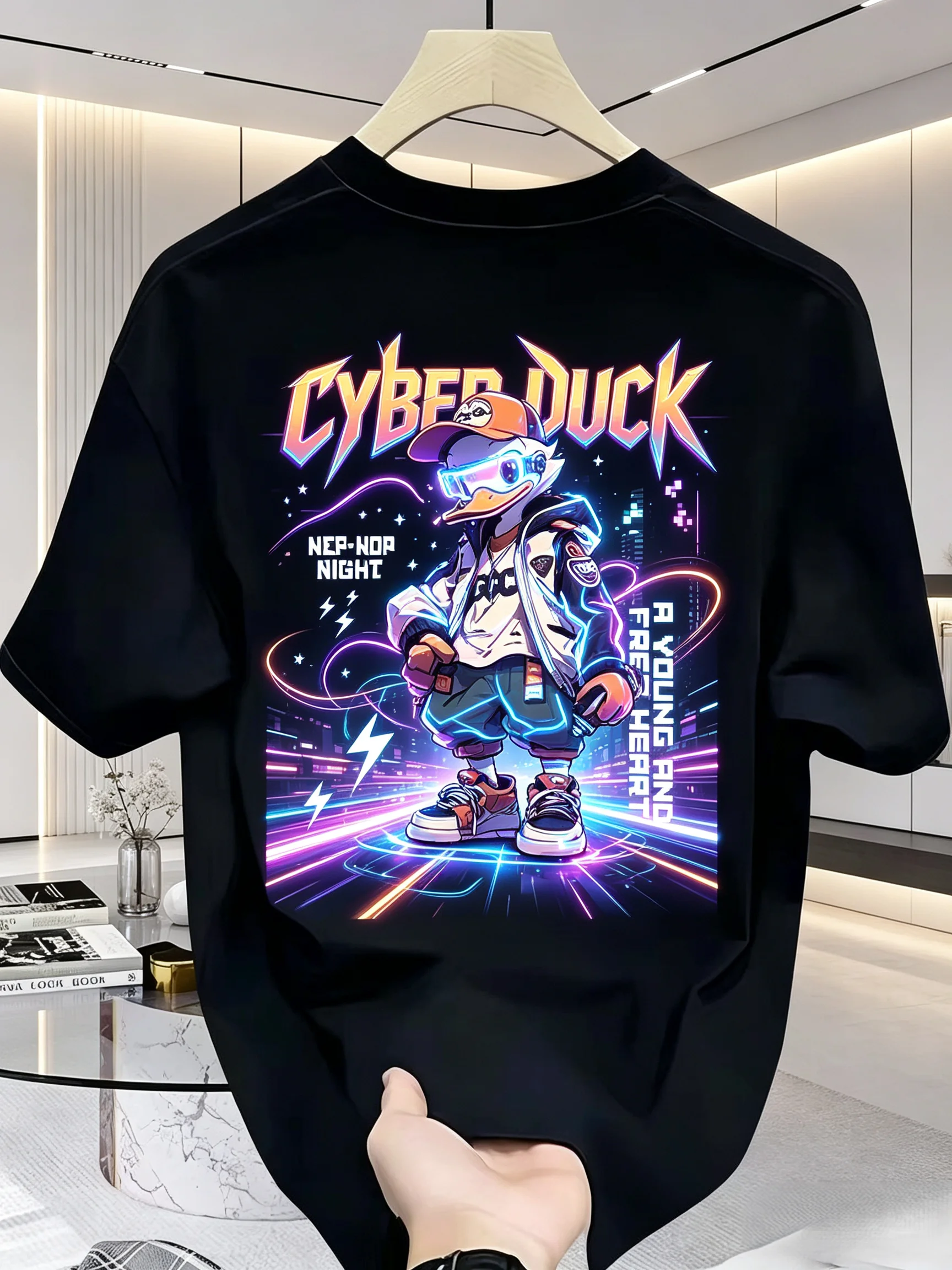 Unisex Cyber Duck Neon City Back Print T Shirt Men Women Cartoon Duck Vintage Short Sleeve Tee Summer Black Streetwear Tops