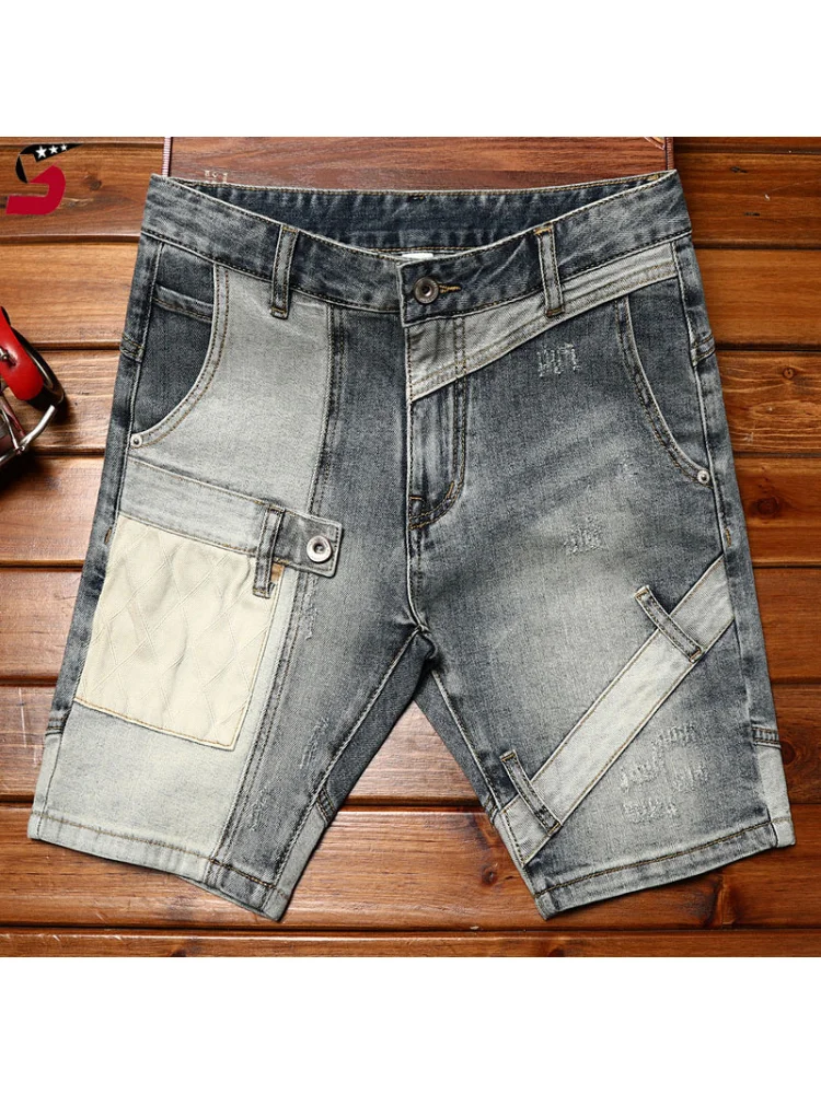 High-End Locomotive Denim Shorts for Men2024Summer Fashion Personality Stitching Design Casual Stretch Retro Cropped Pants