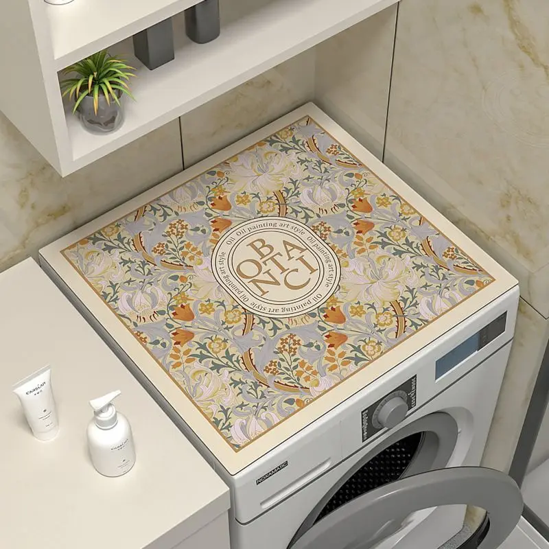 VIKAMA Cream Floral BOTANIC Emblem Washing Machine Top Mat Vintage Blossom Gold Edge Water Resistant Non Slip Kitchen Balcony