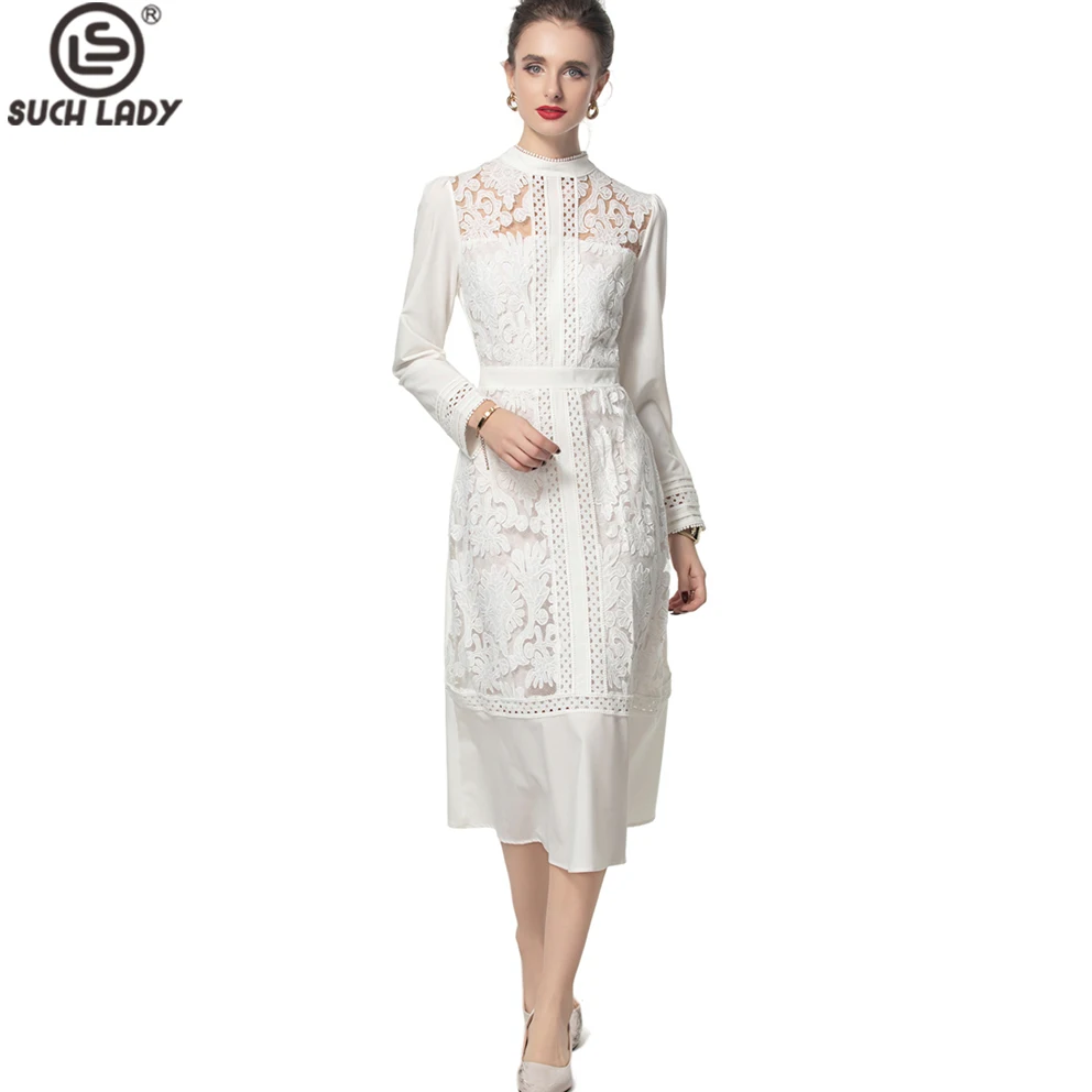 

Women's Dress Stand Collar Long Sleeves Embroidery Piping Elegant High Street Fashion Vestidos