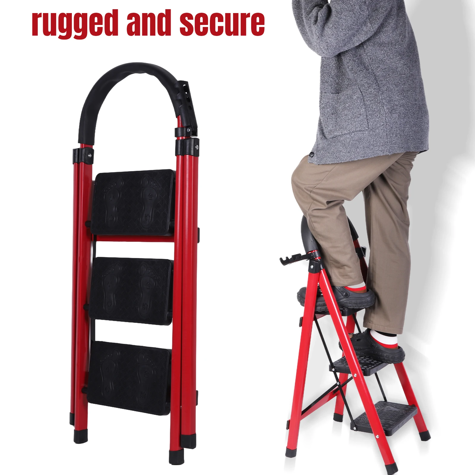 

Трехступенчатая складная лестница из прочной стали, грузоподъемность 300 фунтов, широкие ступени, легкая, для дома, кухни, офиса
