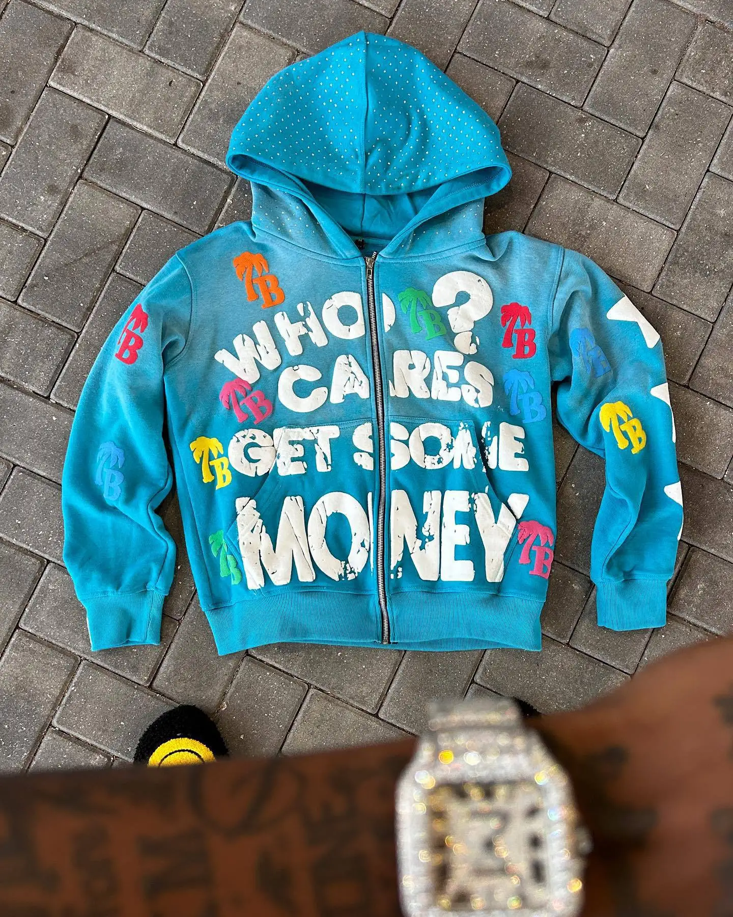 Vintage Zip Hoodie Men Colorful Tree Patch Full Zip Hooded Sweatshirt Rhinestone Hood Hip Hop Y2K Streetwear Couple Outerwear