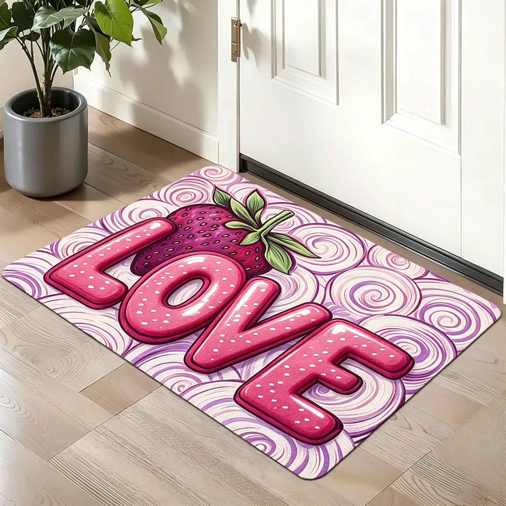 Sweet Strawberry LOVE Decorative Doormat Entryway Floor Mat Home Decor Cute Swirl Background Fruit Letter Print Stylish Indoor