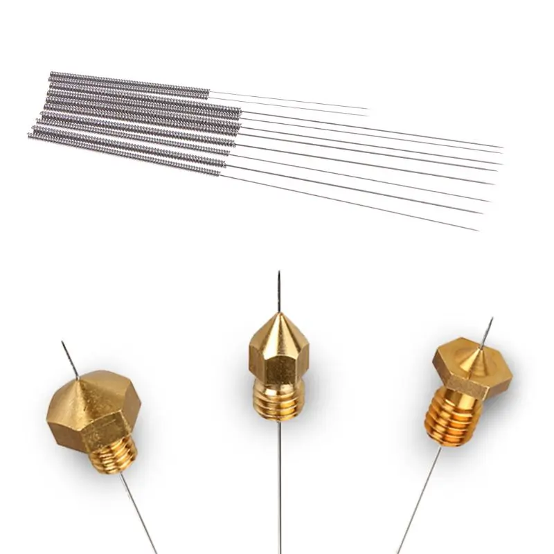 Aguja de limpieza de boquillas de acero inoxidable para impresora 3D, 10 piezas, broca de 0,2mm/0,25mm/0,3mm/0,35mm/0,4mm para boquillas Hotend