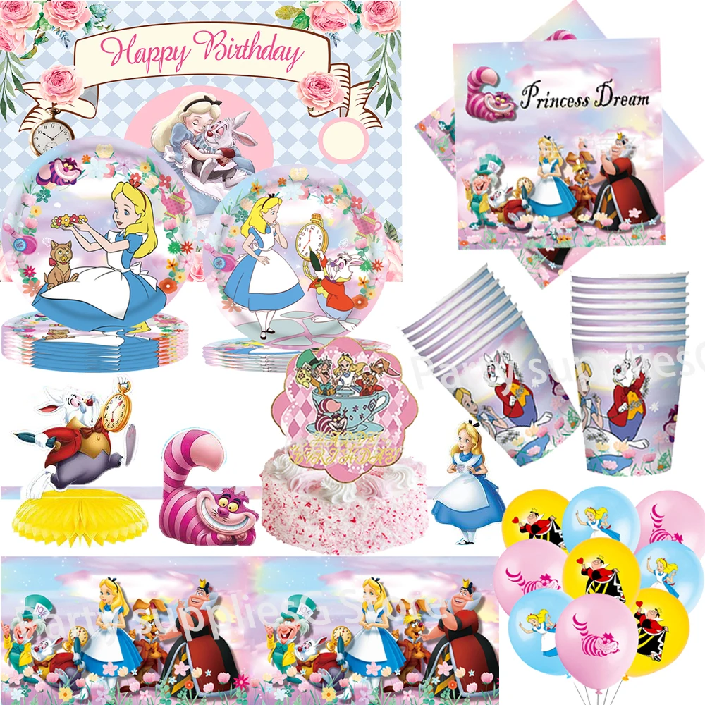 Alice in Wonderland Disney Party Supplies Balloons Cup Plates Napkins Tableware Set For Kids Baby Shower Birthday Party Decorati