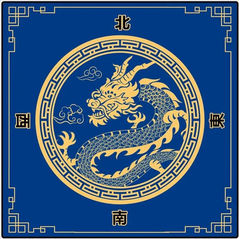 Chinese Mahjong Table Mat, Blue Golden Dragon Xiangyun Printed Anti slip Noise Reduction Game Mat Portable Desktop Decoration