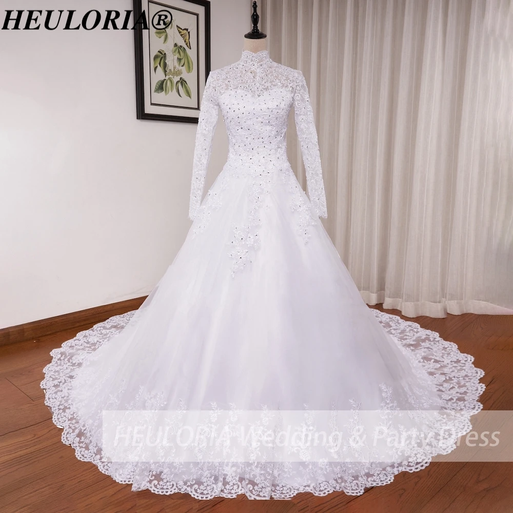 HEULORIA princess Wedding Dress long sleeve high neck bride dress lace beading Plus size muslim wedding gown court train