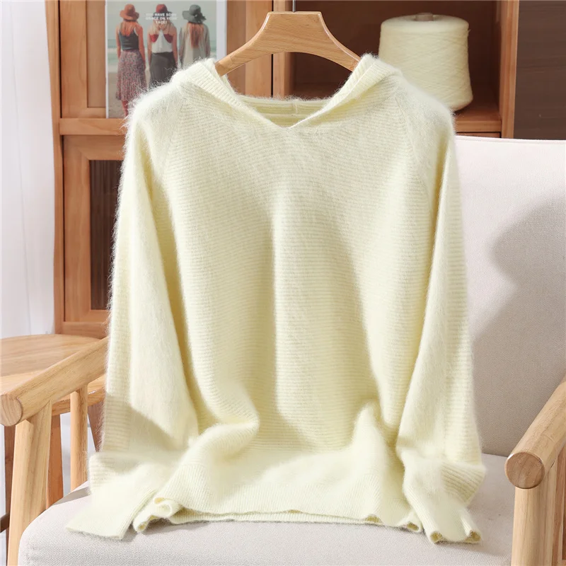 

Вязаный женский свитер с капюшоном из 100% норки и кашемира, свободный и теплый, осенне-зимний пуловер с длинными рукавами, хит продаж для женщин