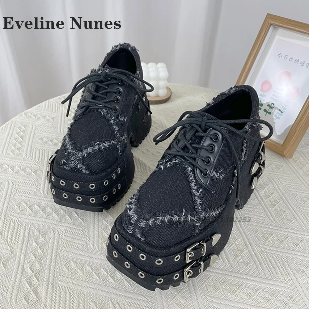 Denim Metal Decoration Platform Pumps Fringe Spicy Girl Punk Shoes Square Toe Height Increasing Cross Tied Patchwork Pantshoes