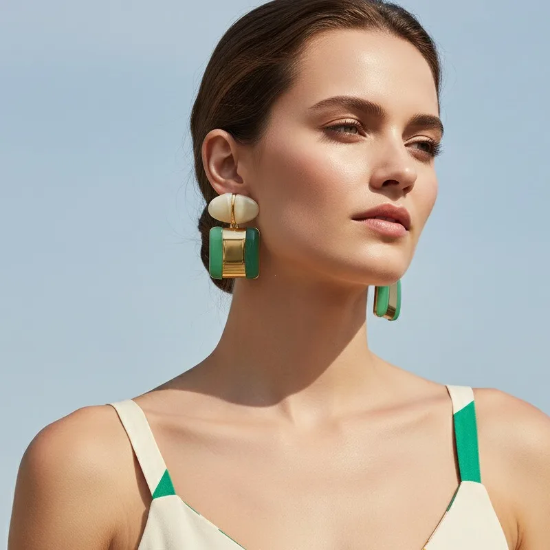 Retro Hellgrüne Cremeweiße Goldene Geometrische Tropfenohrringe für Frauen Minimalistische Elegante Hängeohrringe Boho Vintage Schmuck