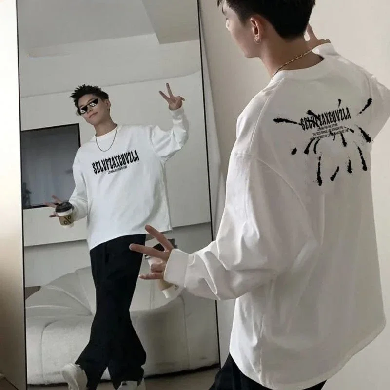 Men's 100% Cotton Long Sleeve T-Shirt Autumn Winter Loose Fit Plus Size Base Layer Top Casual Pullover Tee