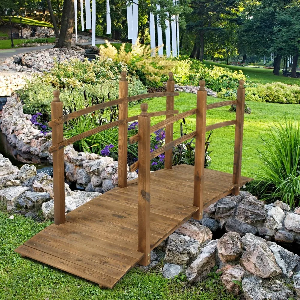 

7.5 Ft Garden Bridge, Arch Walkway Wooden Bridge with Safety Rails Stained Finished, Decorative Landscaping, Customized
