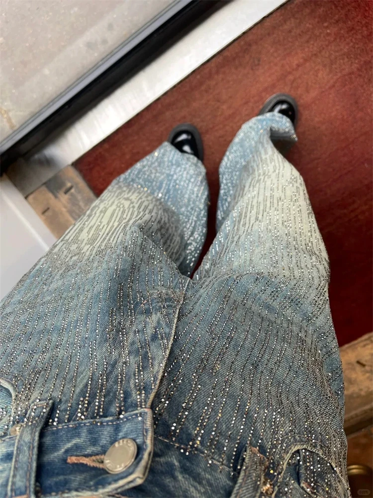 ผู้หญิง Starry Sky Sparkling Design Vintage Blue Denim กางเกงยีนส์สาวกางเกงสบายๆกางเกงหญิงสูงเอวกว้างขากางเกง