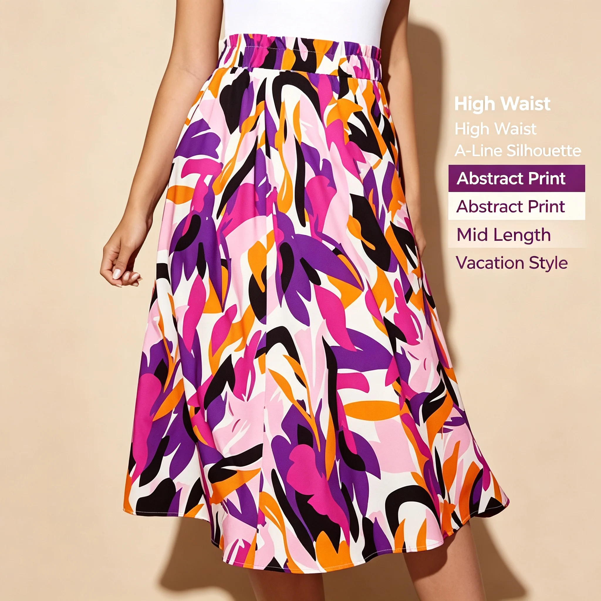 2026 New Summer Women's A-Line Midi Skirt High Waist Printed Slim Casual Vacation Skirt