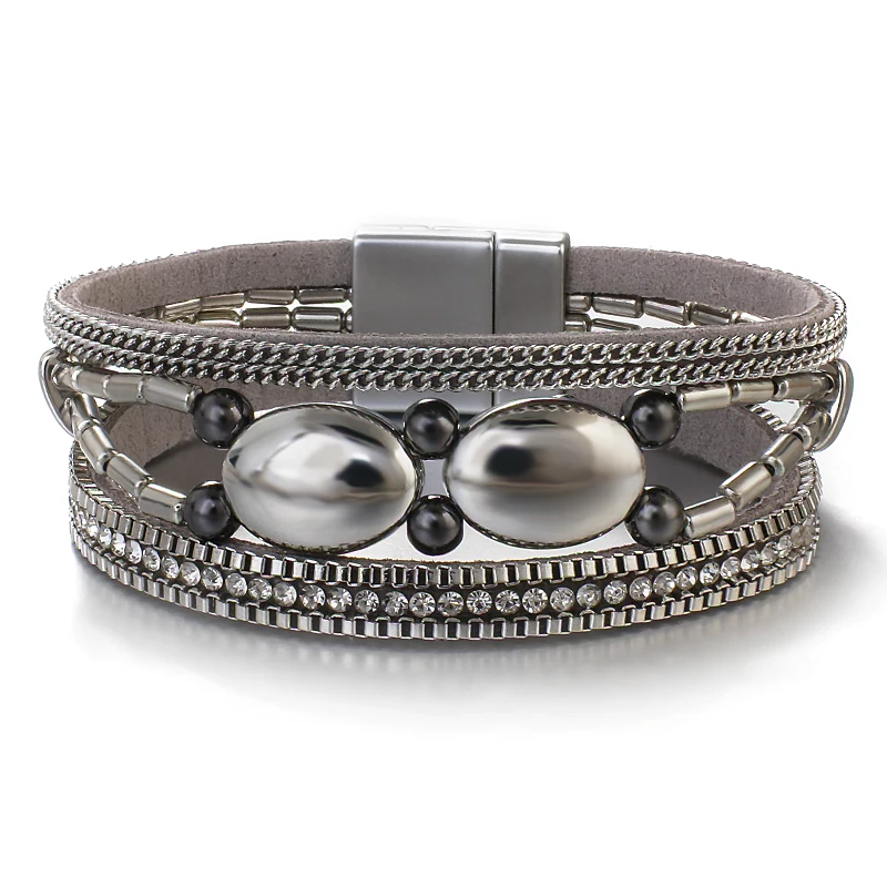 Amorcome Elegant Irregular Metal Bead Chain Multilayer Leather Bracelet Women Stackable Bracelet Exquisite Jewelry Accessories
