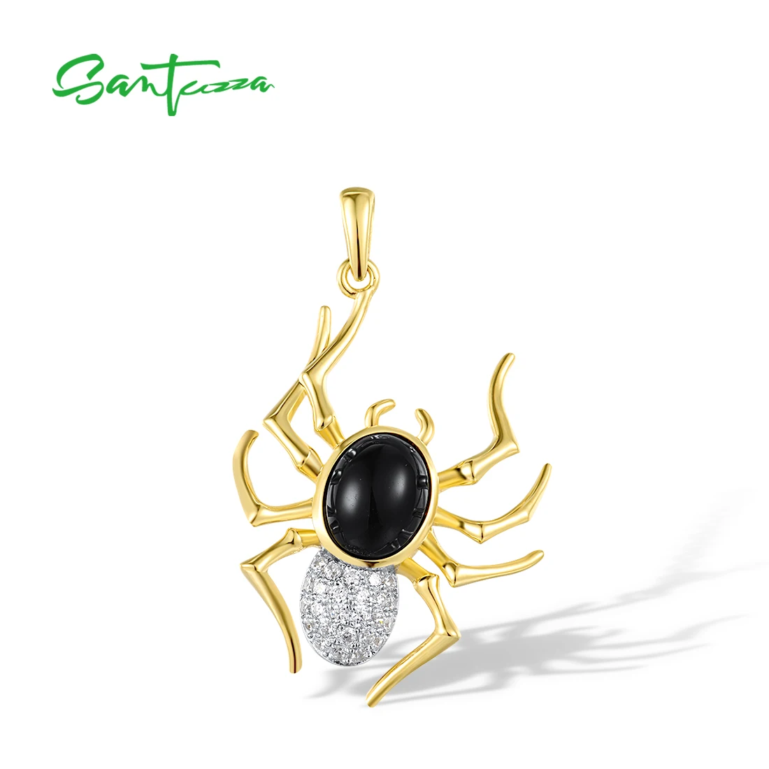 SANTUZZA Authentic 925 Sterling Silver Pendant For Women Black Agate White CZ Yellow Plated Spider Animal Trendy Fine Jewelry