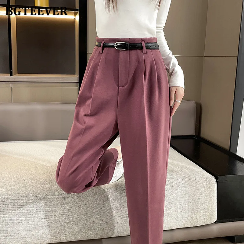 

BGTEEVER Elegant High Waist Women Harem Pants Autumn Winter Casual Loose Pockets Female Woolen Pants