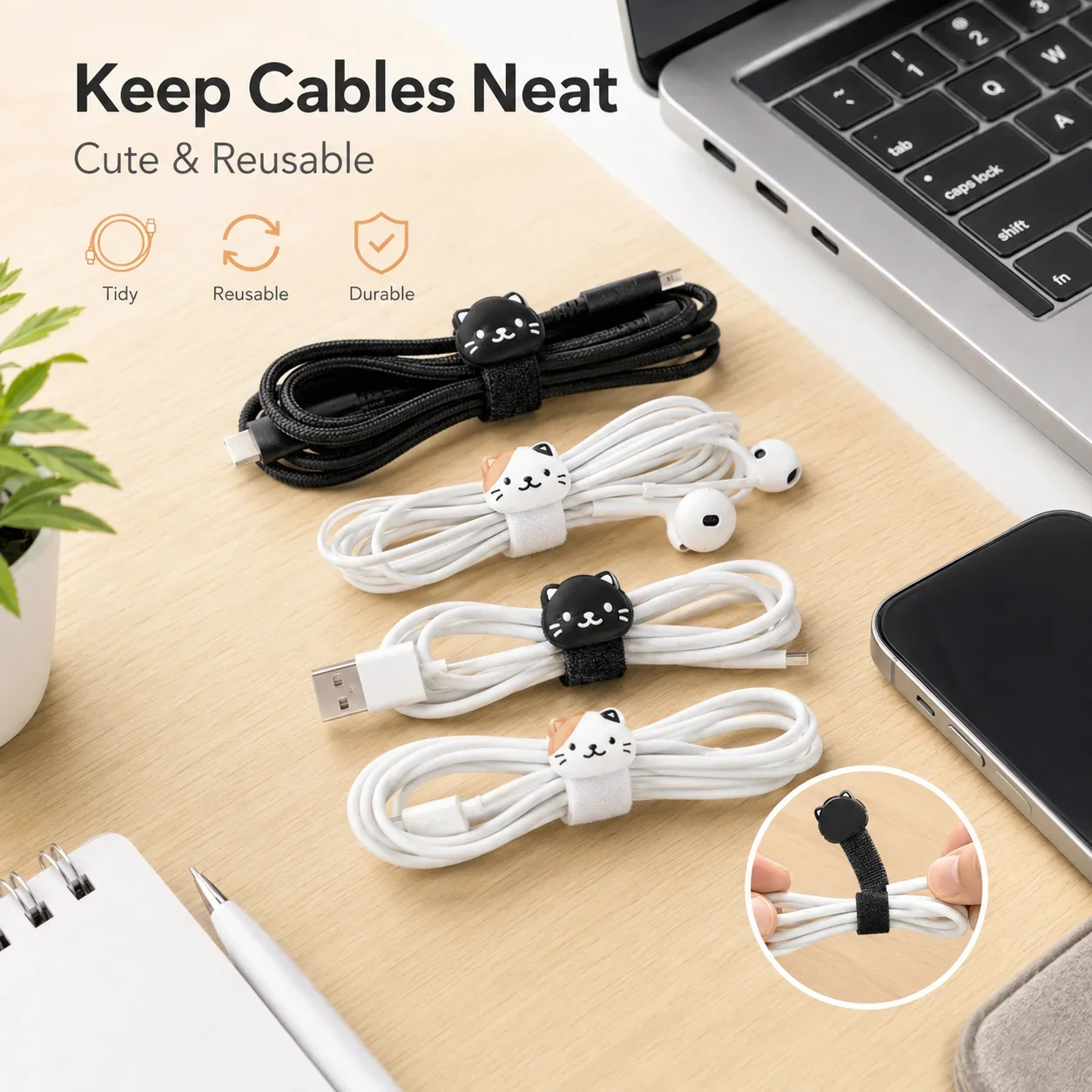 Adorable Cat-Shaped Cable Ties, Perfect for Organizing Wires, Snack Bags, and More, Cable Management | Playful Design