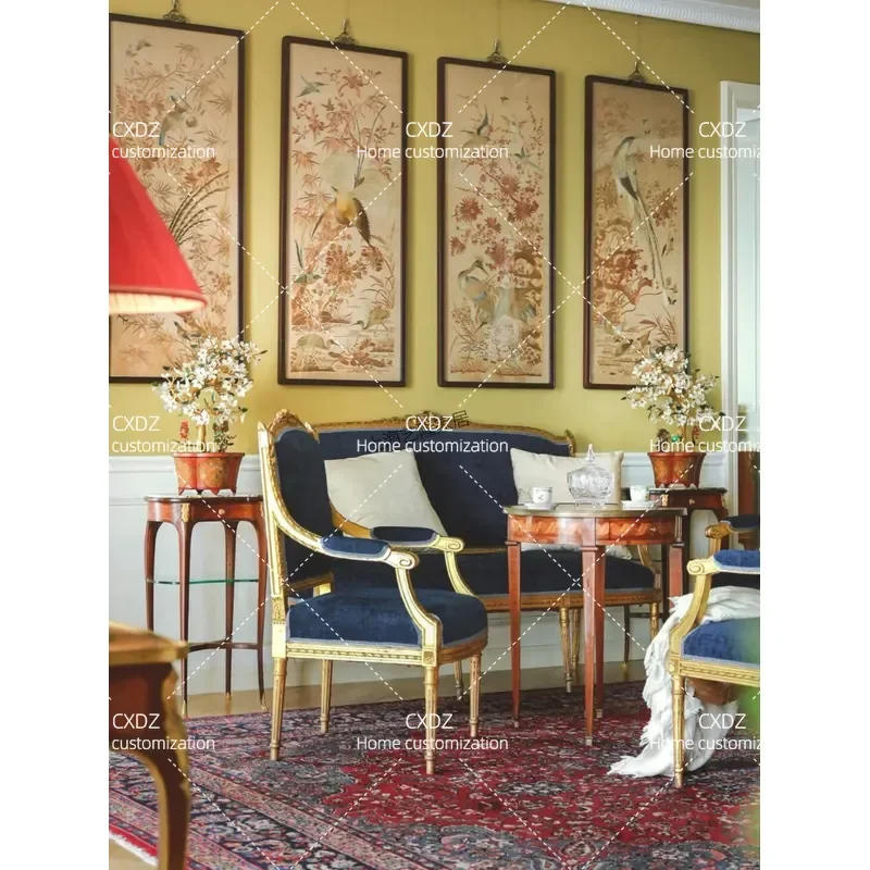 Neoclassical Solid Wood Sofa Hand Carved Fabric Single Double Armchair Retro Vintage Leisure Living Room Furniture