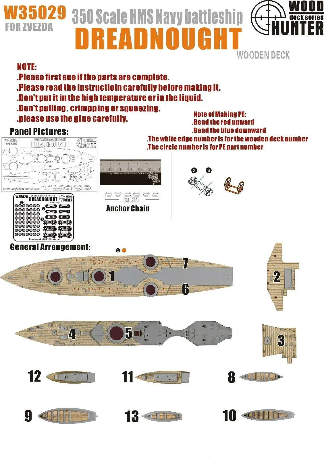 Hunter 1/350 W35029 Wood deck HMS Dreadnought for Zvezda