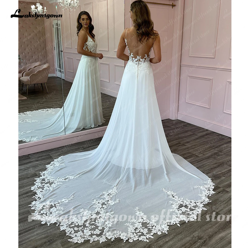 Lakshmigown Spaghetti Straps Chiffon Lace V Neck Wedding Dress for Bride Bohem Reception Bridal Gown vestidos de boda Customized