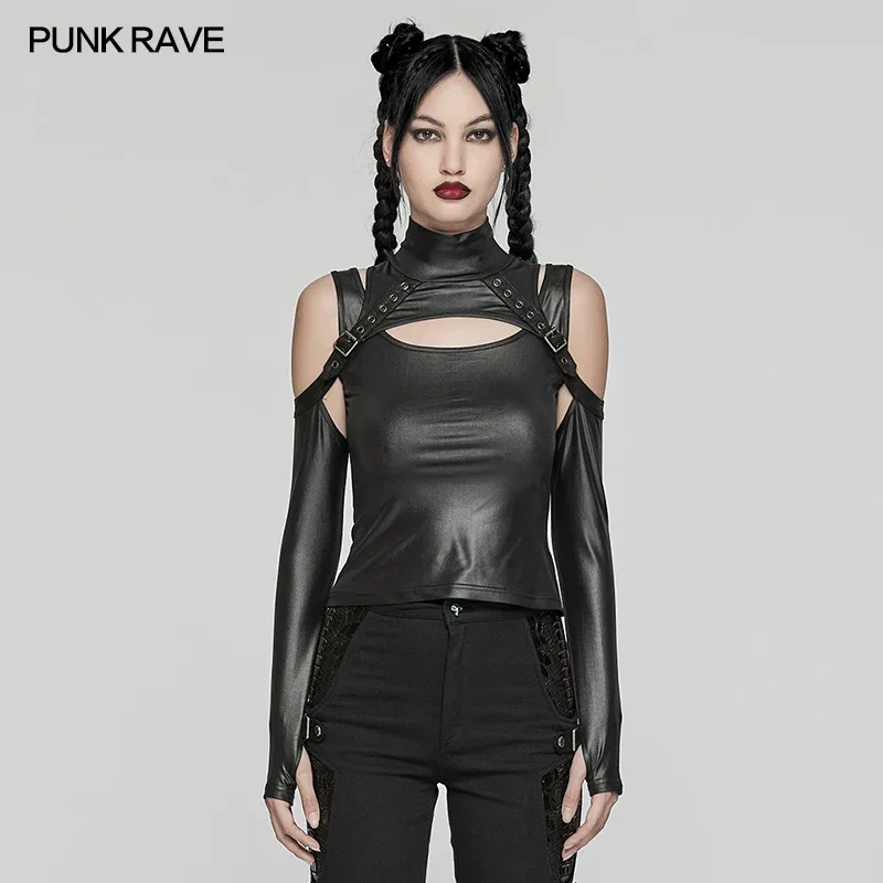 PUNK RAVE Women's Punk Two-piece Set T-shirt Adjustable Loop Straps Long Sleeve Sexy Handsome Tops Women Clothes Autumn