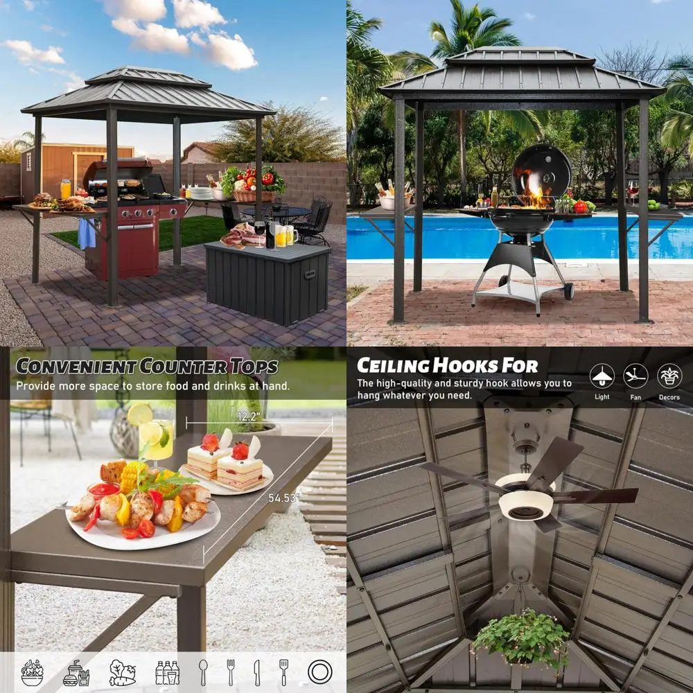

Алюминиевая уличная беседка для барбекю с двойной стальной крышей, боковыми полками и потолочными крючками, 8x6 футов, постоянная конструкция