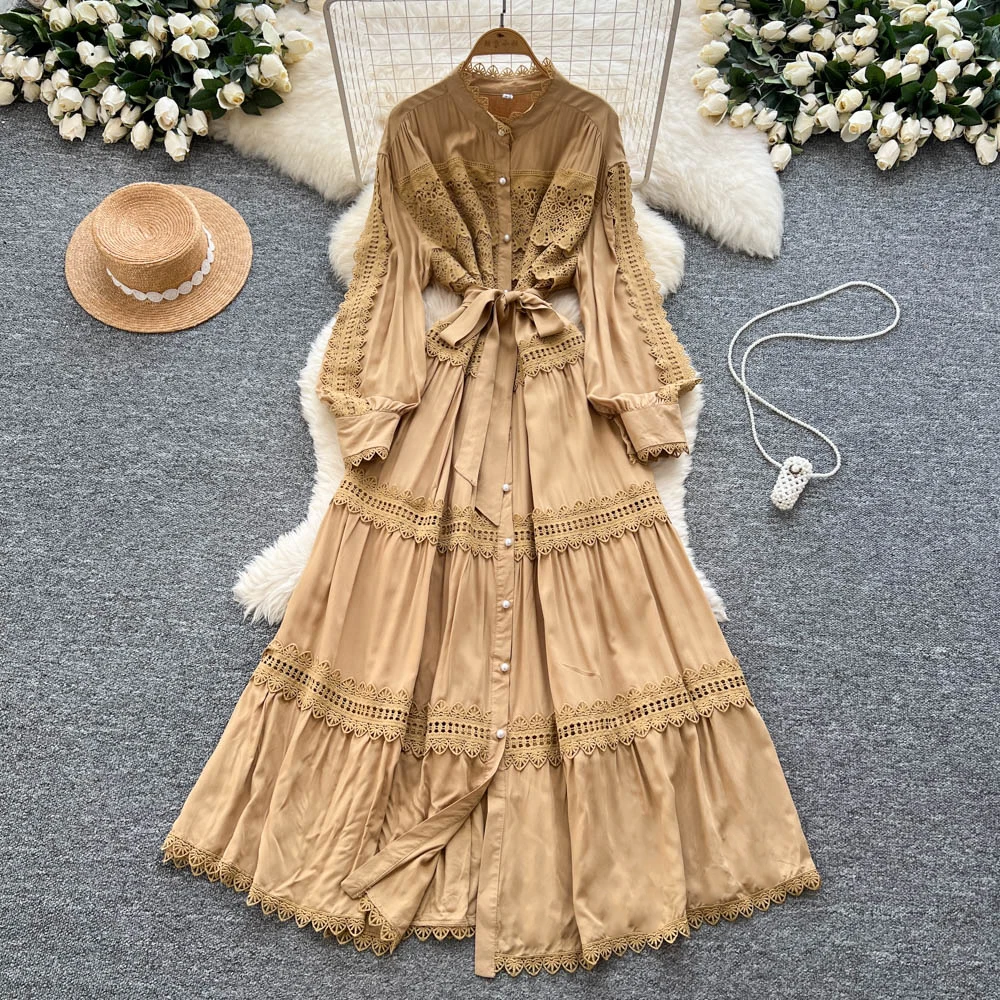 Sexy lange mouw haak bloem holle knop jurk chique vintage avondfeest club vrouwen chique zomer strand lange jurken