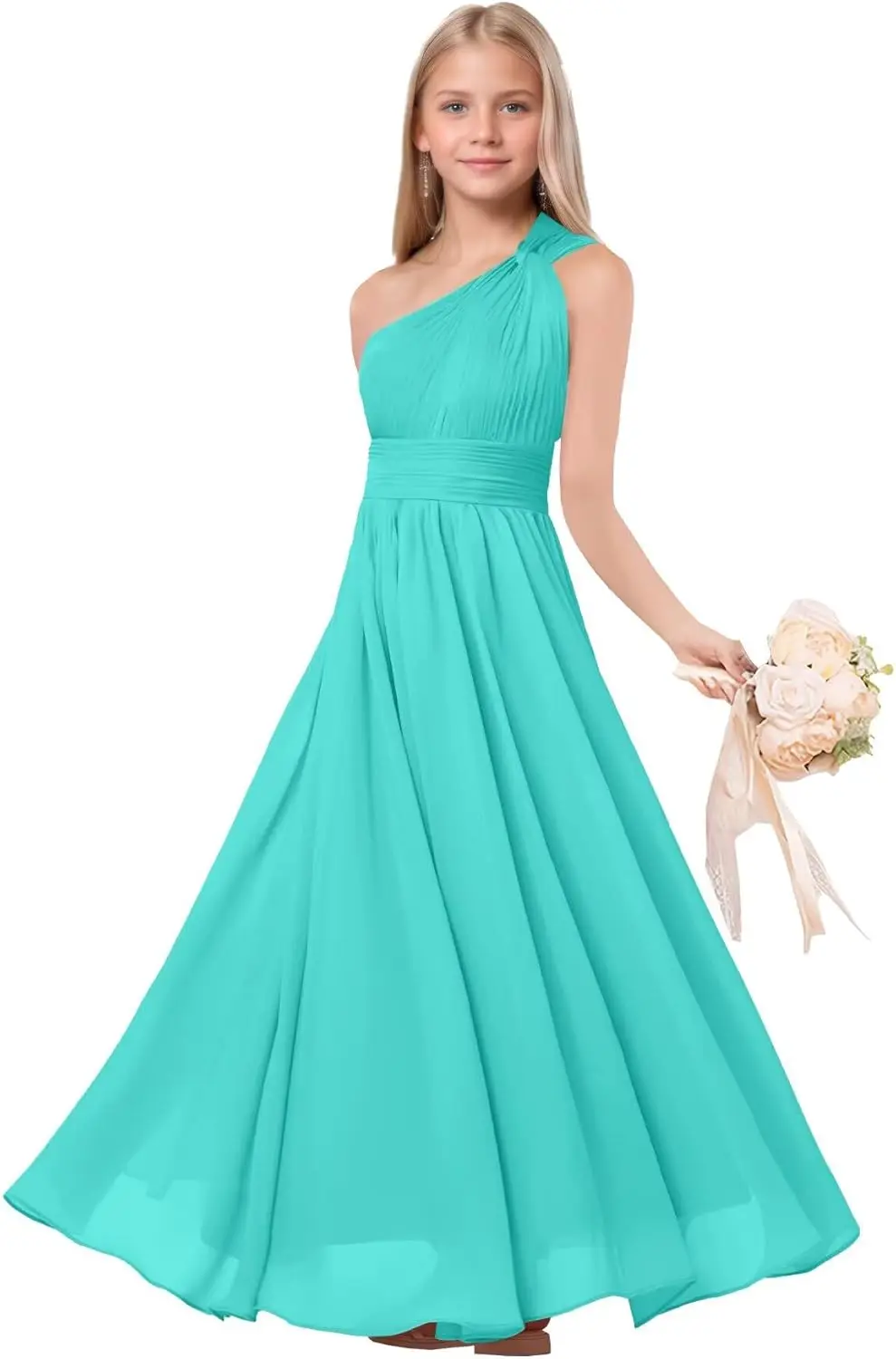 A-Linie One-Shoulder-Kleider für junge Brautjungfern, plissiertes Chiffon-Blumenmädchenkleid für die Hochzeit, Festzugskleid für Teenager-Mädchen