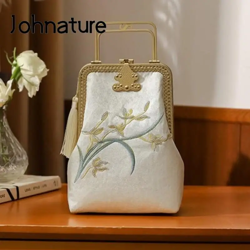 

Johnature 2024 New Silk Cheongsam Ladies Mini Bags Antique Handbag Handmade Embroidery Tassel Elegant Floral Shoulder Bag