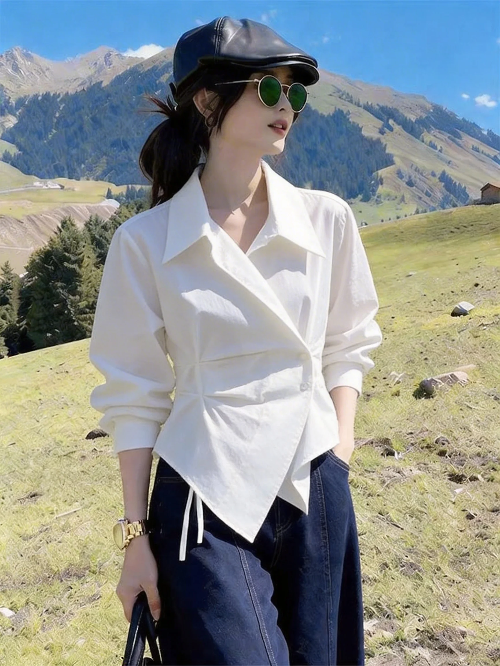 

Fashionable Cotton Striped Shirt Women's Waist-Cinching Asymmetrical Short Top Korean Style Commute Wind Shirt