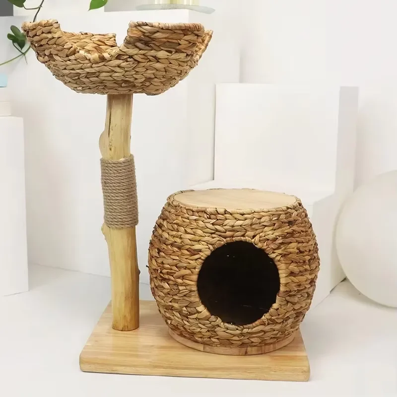 Natural Rattan Cat House with Sisal Scratching Post Wooden Climbing Frame Pet Bed Nest for Indoor Cats Small Dogs Cozy Winter