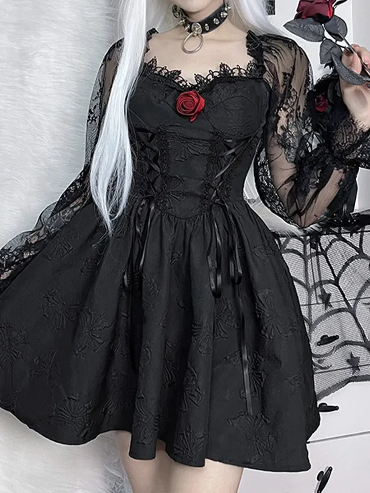 Czarna gotycka impreza w stylu Grunge A-Line sukienki damskie przepuszczalność Bodycon ciemna seksowna żakardowa koronkowa sukienka Lolita Vintage Harajuku MS14613