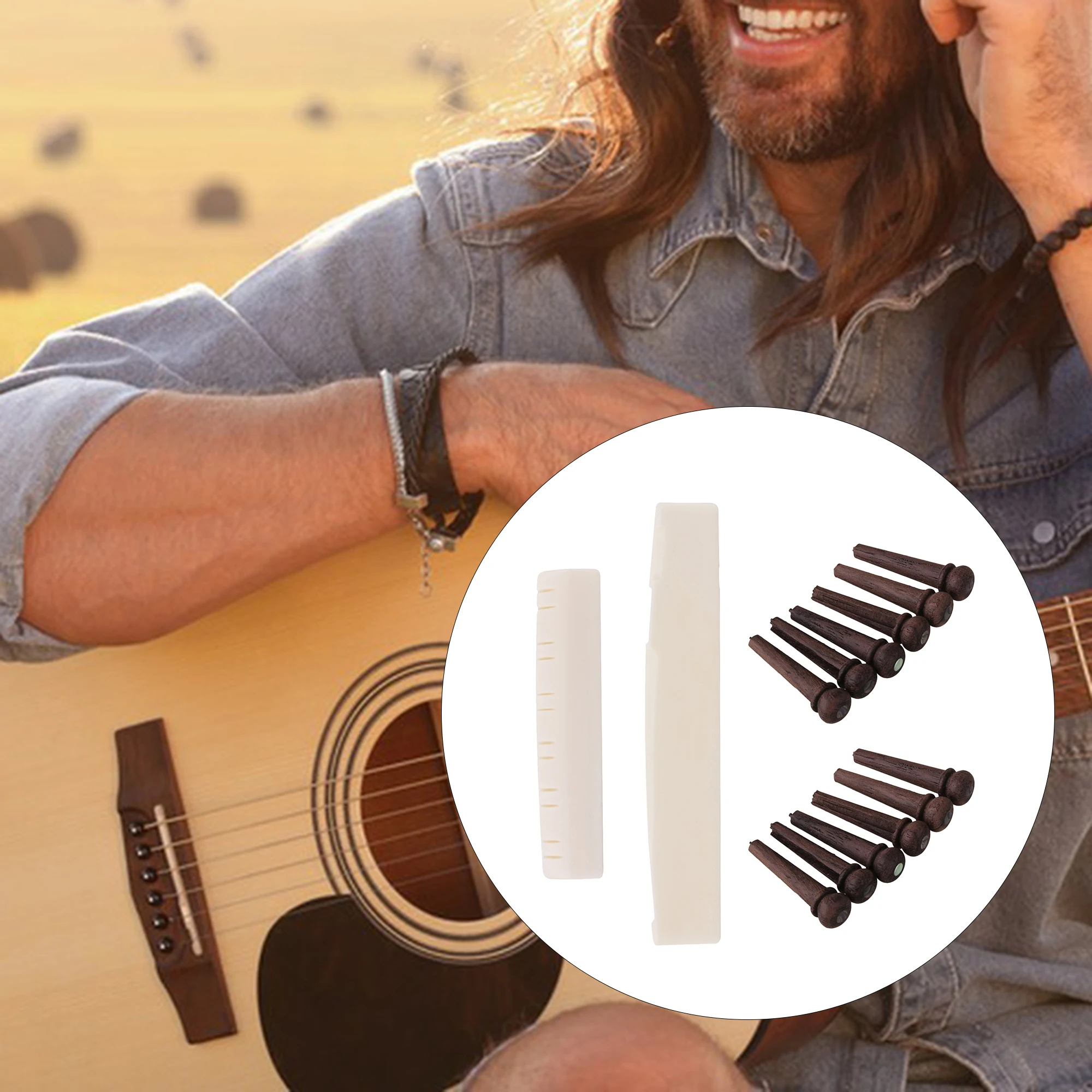 

Комплект для 12-струнной акустической гитары: седло, нут и шпильки с инкрустацией из перламутра